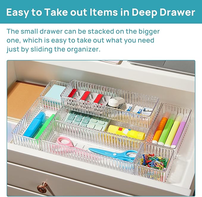 Vtopmart 7 PCS Clear Drawer Organizers Bins, 4-Size Stackable Makeup and Vanity Drawer Organizer Trays, Acrylic Bathroom Drawer Storage Containers for Cosmetic, Office Supply, Kitchen Utensils Gadgets-NeatNest