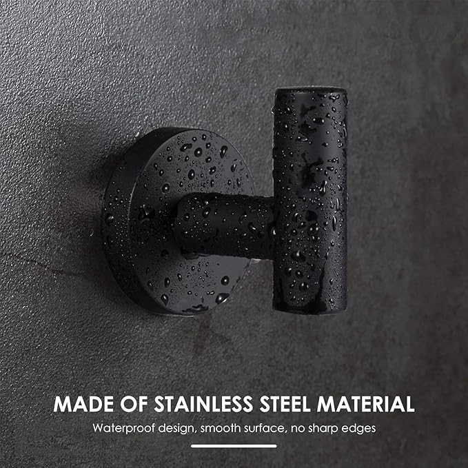 4PCS Bathroom Towel Hook, Black Coat Robe Hook Matte Black, Stainless Steel Wall Hook for Bathroom Bedroom Kitchen Cabinet Closet Hotel, Heavy Duty Drill-Installed Door/Wall Hanger