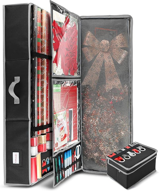 Hearth & Harbor Holiday Storage with Extra 2 PC of Christmas Storage Bins and Ribbon Storage Organizer - Fade Resistant Wrapping Paper Storage Containers with Wheels Fits Up to 30 Rolls of 40" Length-NeatNest