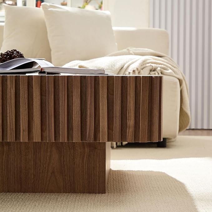 35.43" Square Fluted Drum Coffee Table, Handcrafted Accent Table Modern Contemporary Pedestal Coffee Table for Living Room Small Space - Walnut