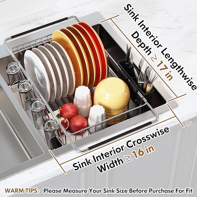romision in Sink Dish Drying Rack, Stainless Steel Dish Drainers for Kitchen Sink, Use for in Sinks & Over Sink, Compact Dish Dryer Racks with Utensil & Cup Holder, Sliver