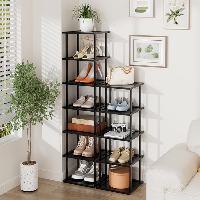 Vertical Tall Shoe Rack Organizer for Entryway -12 Tier Free Standing Slim Narrow Bamboo Wood Corner Stackable Shoe Boots Storage Stand Small Spaces for Closet Garage Cloakroom Living Room (Black)-NeatNest