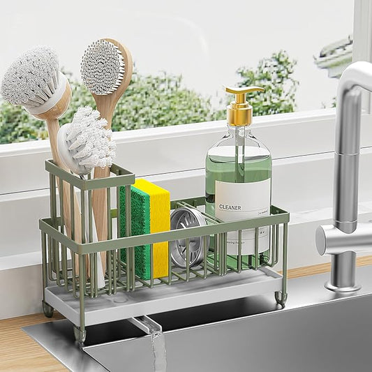 Cisily Sage Green Sponge Holder for Kitchen Sink, Sink Caddy Organizer with High Brush Holder, Kitchen Countertop Organizers and Storage Essentials, Rustproof 304 Stainless Steel, Soap Dispenser-NeatNest