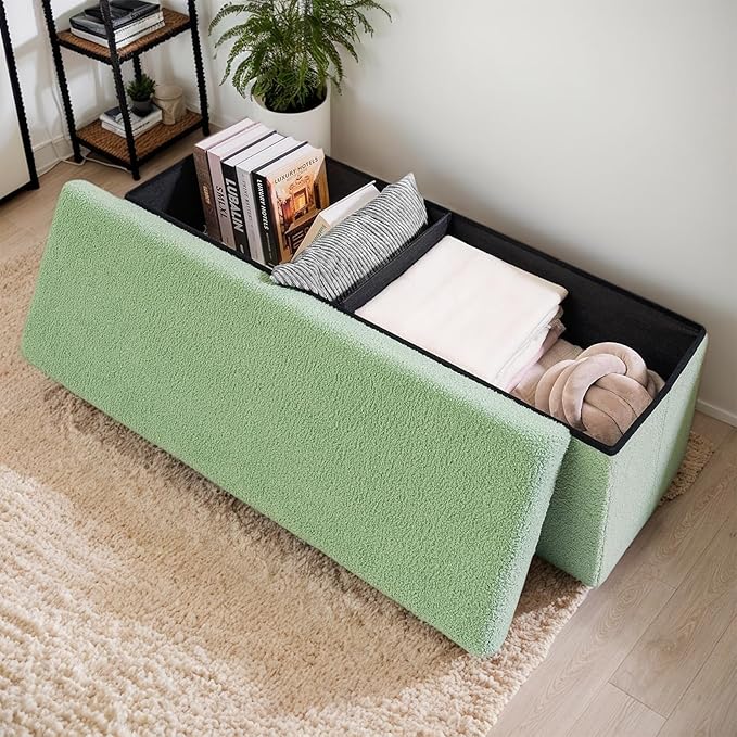 43 Inches Storage Ottoman Bench - Extra Large Foldable Ottoman with Storage, Bench for Living Room, Bedroom, Entryway - Green