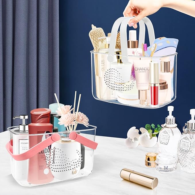 2 Pack Plastic Shower Caddy Basket, Portable Shower Caddy Tote Storage Basket with Colorful Handles, Clear Toiletry Organizer Bin for Bathroom Kitchen College Dorm (White+Pink)