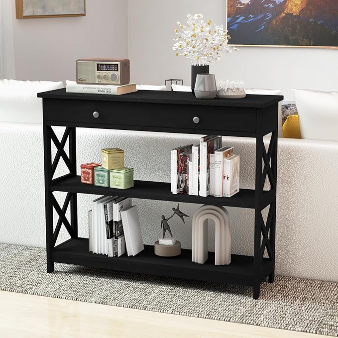 GOFLAME 39" Console Sofa Table with Drawers, 3-Tier Narrow Entry Table with Storage Shelves for Living Room Behind Couch, Entryway, Hallway (Black)-NeatNest