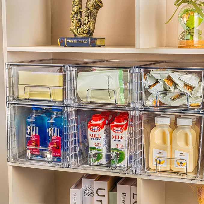 4 Pack Large Stackable Storage Drawers,Clear Acrylic Drawer Organizers with Handles, Easily Assemble for Kitchen Undersink,Bathroom,Cabinet,Makeup,Closet,Pantry,Organization and Storage-NeatNest