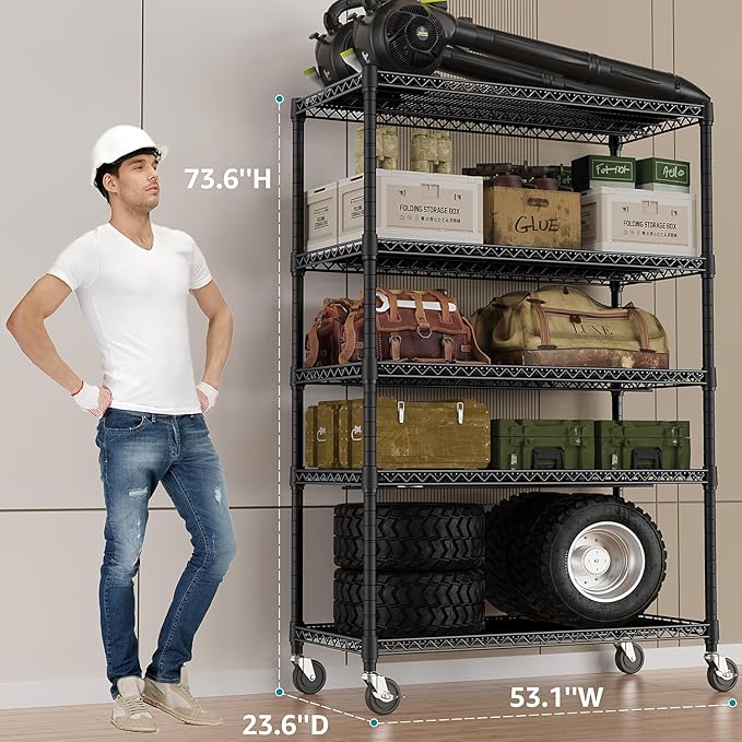 IZEUK Garage Shelving Wide Storage Shelves 5 Tier Metal Shelves Heavy Duty Adjustable Utility Shelf Rack Black 23.6" D x 53.1" W x 73.6" H-NeatNest