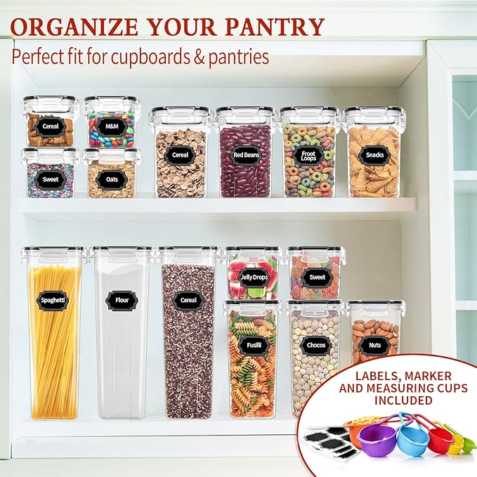 Skroam 24 Pack Airtight Food Storage Containers with Lids for Kitchen Pantry Organizers and storage, Plastic Canister Set for Cereal, Pasta, Flour & Sugar - Spoon Set, Labels & Marker