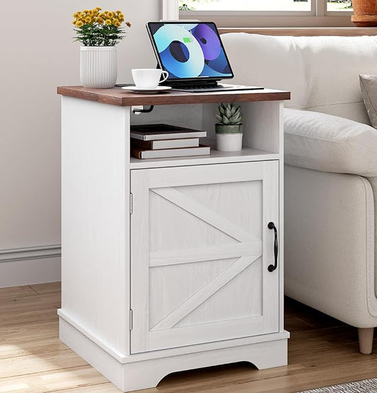 Farmhouse White Nightstand with Charging Station, Bedside Table with Storage, Rustic Side End Table with Walnut Top, Night Stands with Open Shelf for Bedroom