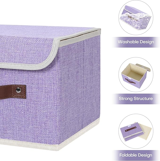ANMINY 2PCS Storage Bins with Lid PU Leather Handles Storage Boxes PP Plastic Board Decorative Foldable Lidded Cotton Linen Fabric Home Cubes Baskets Closet Organizer Containers - Purple, Small Size-NeatNest