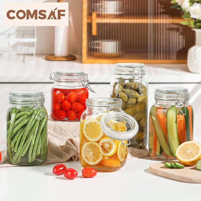 ComSaf Airtight Glass Canister Set of 3 with Lids 50oz Clear Food Storage Jars Square, Kitchen & Pantry Organization Food Storage Container for Canning, Sugar, Flour, Pasta, Candy, Cereal, Coffee-NeatNest