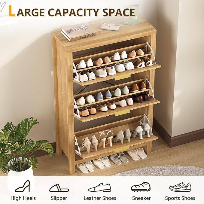 Shoe Cabinet Storage for Entryway, Fluted Shoe Cabinet with 3 Flip Drawers, Hidden Shoe Rack Tall Freestanding Shoe Organizer with Legs for Hallway, Wood-NeatNest