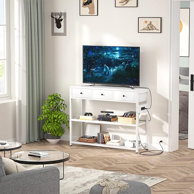 Ecoprsio 47'' Entryway Table with Outlets and USB Ports, Console Table with 3 Drawers, Sofa Table Narrow Long with Storage Shelves for Living Room, Couch, Hallway, Foyer, Kitchen Counter, White-NeatNest