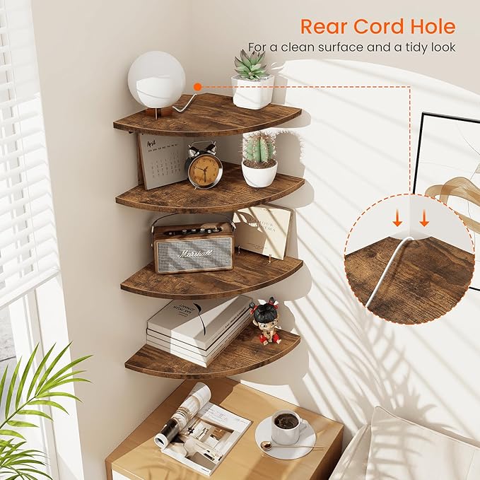 Homode Corner Wall Shelf, 12 Inch Wide Round Corner Floating Shelves with Cord Hole, Set of 4 Wooden Hanging Storage Shelving for Bathroom Living Room Small Spaces, Rustic Brown