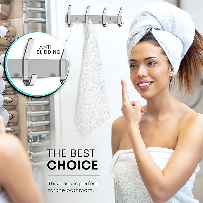 Coat Rack Wall Mount – Brushed Nickel 12 Inch Stainless Steel Hook Rail with 4 Heavy Duty Double Coat Hooks – Wall Mounted Coat Hanger for Entryway, Bathroom, Bedroom, Towel, Hat Organizer-NeatNest