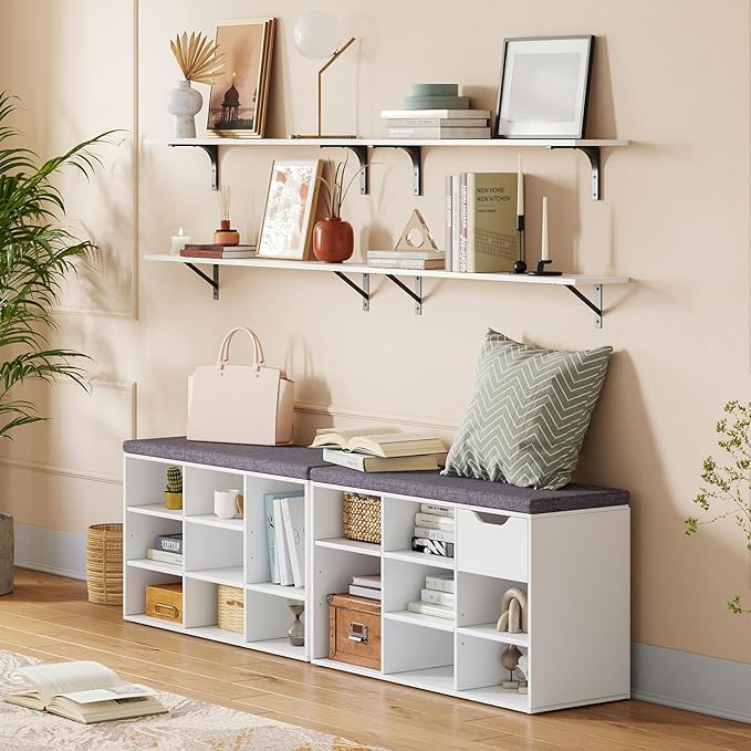 DINZI LVJ Shoe Storage Bench with Cushion, Cubby Shoe Rack with 9 Cubbies, Adjustable Shelves, Multifunctional Shoe Organizer Bench for Entryway, Mudroom, Hallway, Closet and Garage, White-NeatNest
