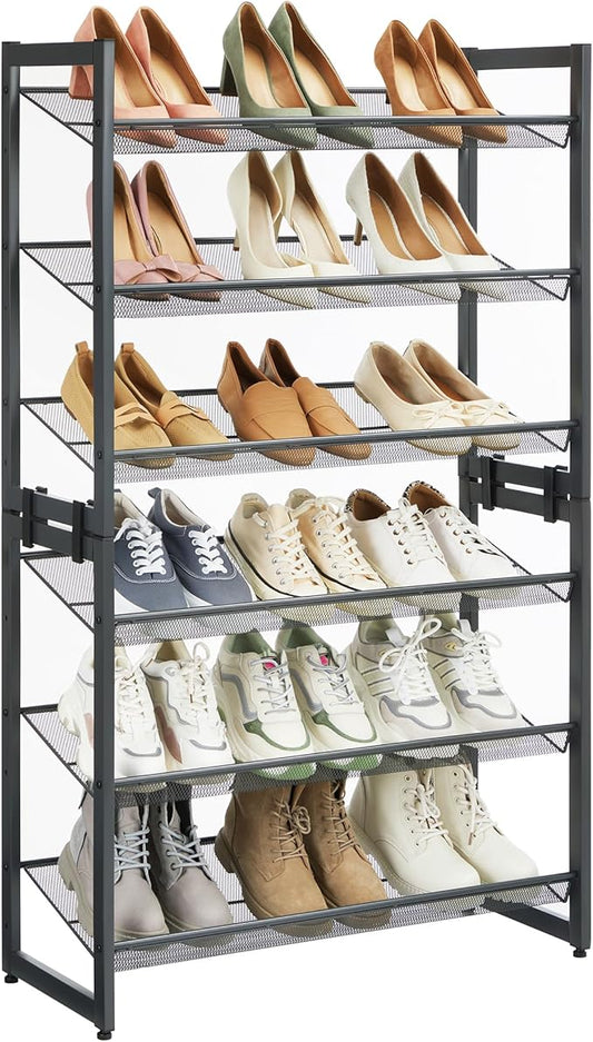 SONGMICS Shoe Rack, 6-Tier Shoe Organizer, Metal Rack for Garage, Set of 2, 3-Tier Stackable Shelf, with Adjustable Flat or Angled Shelves, 18-24 Pairs, Charcoal Gray ULMR003G02-NeatNest