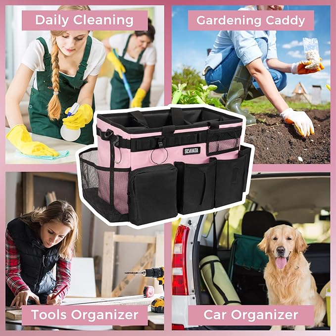 Wearable Cleaning Caddy Bag, Cleaning Caddy Supplies Organizer with Handle & Shoulder Straps for Housekeepers, Under Sink & Car Cleaning Tool Organizers with 4 Foldable Divider (SweetPink)