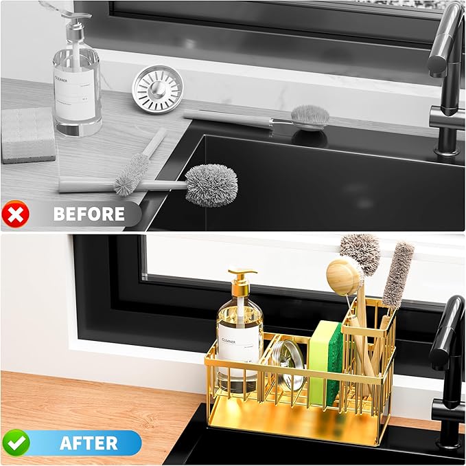 Cisily Gold Kitchen Sink Caddy Organzier with High Brush Holder, Sponge Holder for Sink, 304 Rustproof Stainless, Kitchen Countertop Soap Dispenser Organizer, Home Decor and Accessories-NeatNest