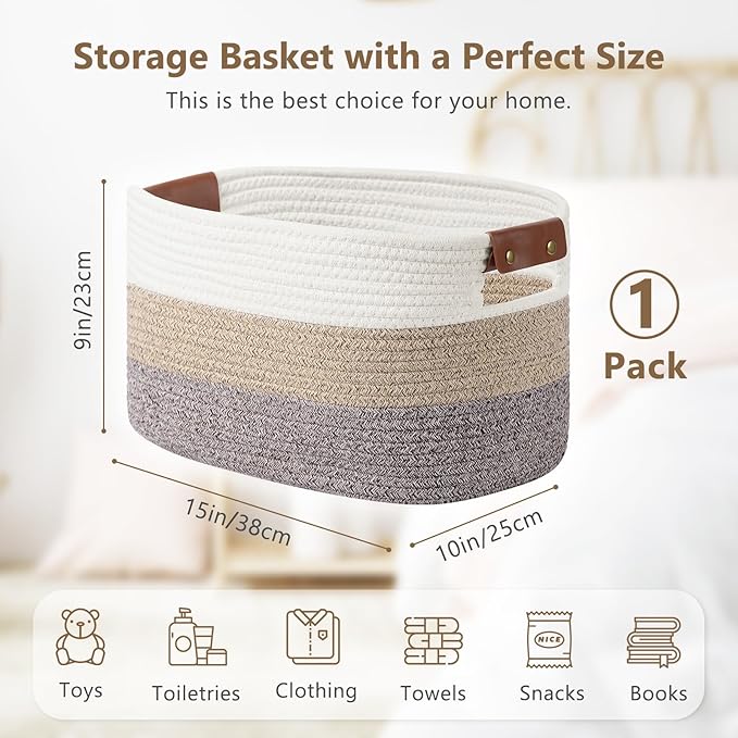 Cotton Rope Basket , Storage Baskets with Handle, 15x10x9 Inch Woven Basket for Shelves, Laundry, Towels, Clothes, Books, Toys (Gradient Brown 1 Pack)-NeatNest