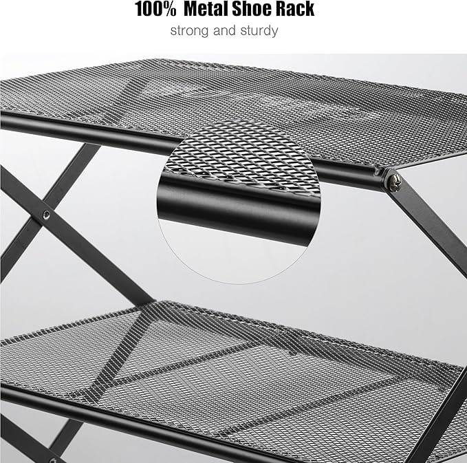 Shoe Rack for Entryway 4 Tier Foldable Shoe Rack Without Assembly Collapsible Metal Shoe Organizer Folding Shoe Storage Rack for Door, Living Room, Black-NeatNest