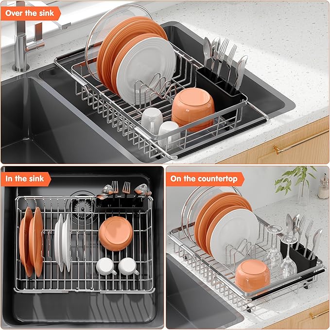 romision Dish Drying Rack in Sink, Expandable (13.1"-16.6" D) Stainless Steel Dish Drainers for Kitchen Sink, Retractable Over Sink Dish Rack Drying Rack with Utensil Holder, Silver