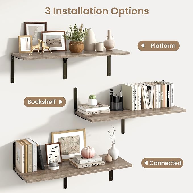 Fun Memories Floating Shelves for Wall, 12 Inch Deep Floating Shelves Set of 2, Wall Mounted Shelf with Metal Brackets, Rustic Wood Wide Shelf for Bathroom, Kitchen and Living Room, Grey, 36W x 12D-NeatNest