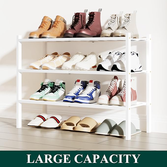 Smiry Shoe Rack, 3 Tier Small Bamboo Shoe Organizer, Stackable Free Standing Wooden Shoe Storage Shelf for Closet, Entryway, Front Door Entrance, White-NeatNest