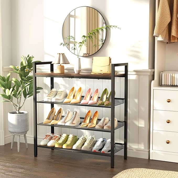 Shoe Rack for Front Door Entrance, 4 Tier Shoe Rack for Entryway, 12-16 Pairs of Shoes, Metal Shoe Rack Organizer, Free Standing Shoe Rack for Closet (Black+Rustic Brown)-NeatNest