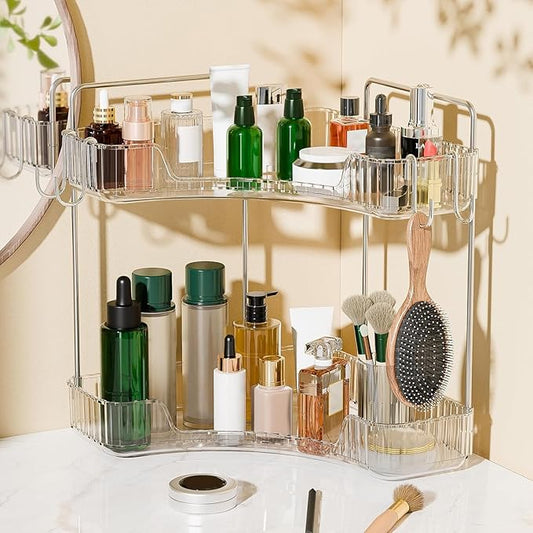 Makeup Organizer for Vanity 2 Tier Bathroom Organizers and Storage Countertop with Hooks Skin Care Exquisite Vanity Organizers Corner Bathroom Counter Storage-Clear-NeatNest
