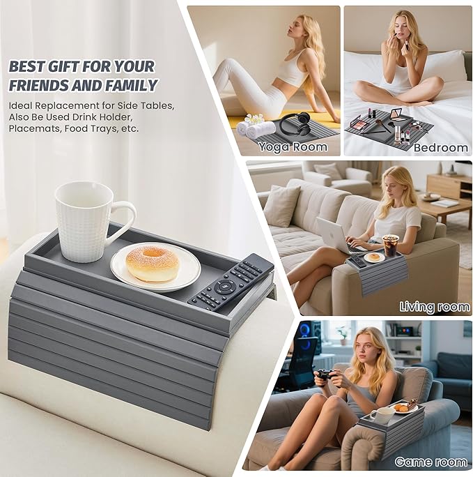 GEHE Bamboo Sofa Arm Tray, Foldable Couch Arm Tray Side Table, Anti-Falling Armrest Tables Cup Holder for Snacks, Drinks, Beers, Phone, Control, Flexible and Portable, Anti-Slip Bottom-NeatNest