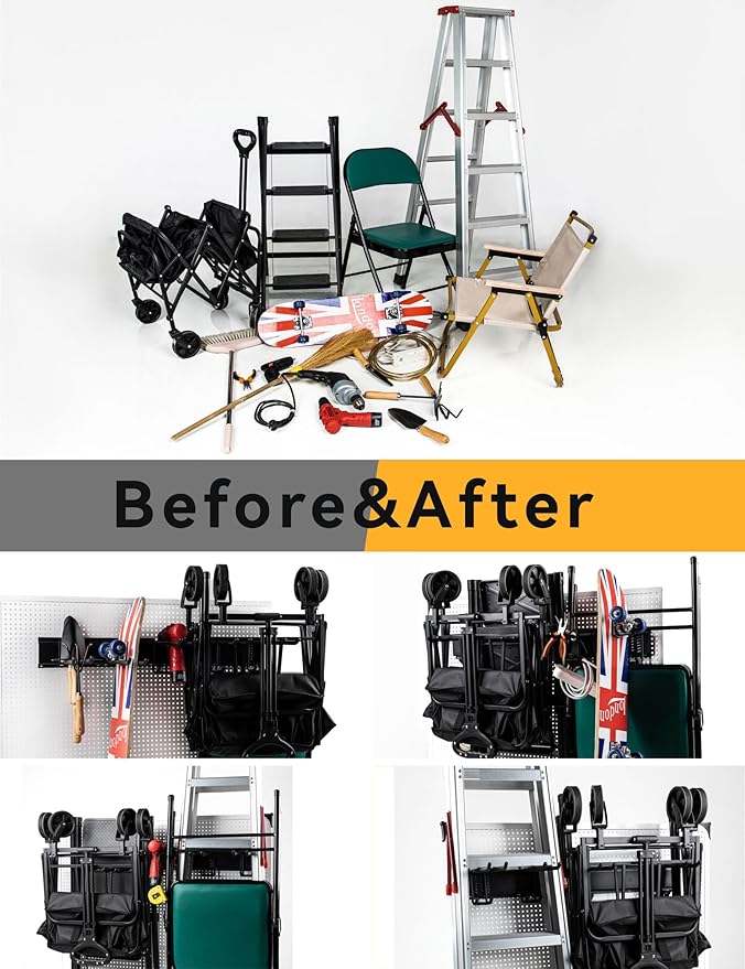 Wall Mount Garden Tool Organizer 68 Inches Max Load 730lbs Garage Storage, Garage Organization, Adjustable with 9 Heavy Duty Hooks and 4 Cable Ties, Yard Shed and Power Tool Organizer Rack