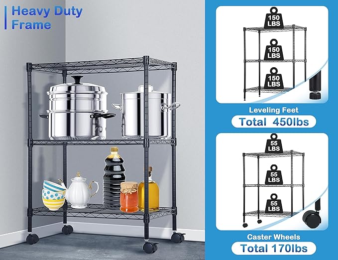 3 Tier Shelf Organizer Kitchen Shelving Bathroom Organizer Metal Wire Shelving Unit Height Adjustable, Bathroom Storage Shelves Laundry Room Storage Shelves, 23x13x32 in, 450 Lbs Capacity