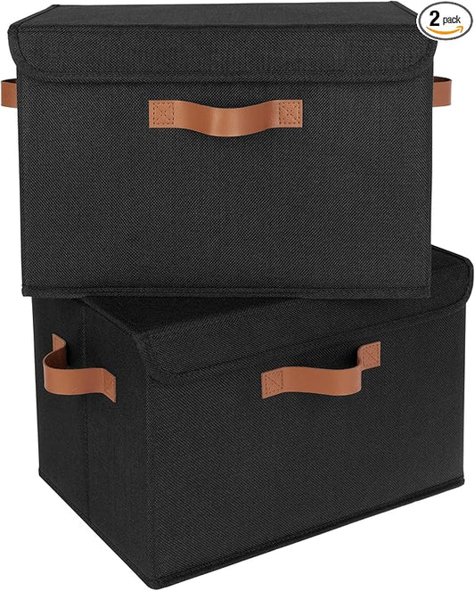 GRANNY SAYS Storage Bins with Lids, Decorative Storage Boxes with PU Handles, Black Storage Bin, Linen Closet Organizer, Shelf Baskets, Fabric Storage Bins for Clothes-NeatNest