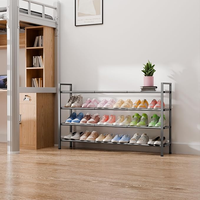 Bumusty 4-Tier Long Expandable Shoe Rack for Closet, 18"-44" Adjustable Shoe Rack for Small Space, Small Shoe Organizer for Front Door, Sturdy Metal, Grey-NeatNest