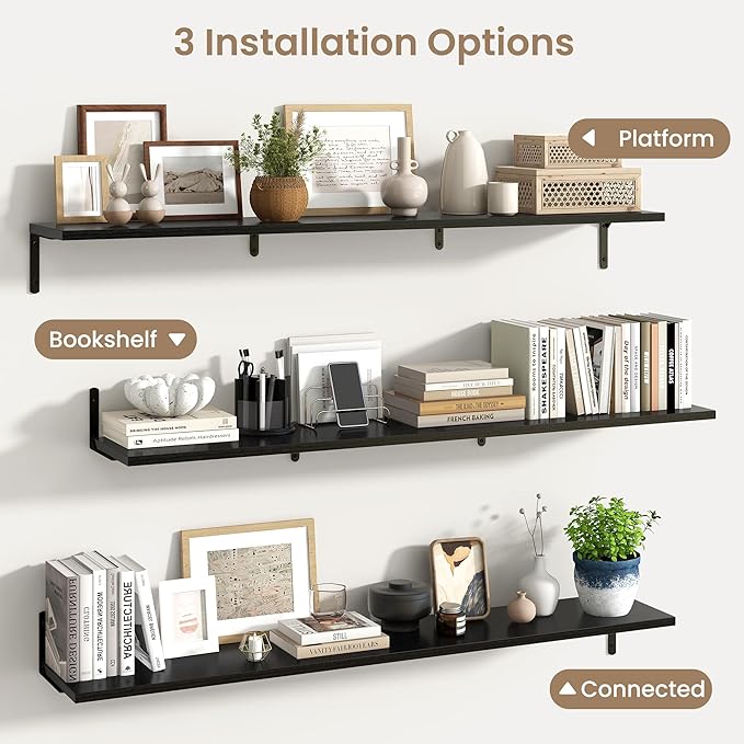 Fun Memories Deep Floating Shelves, 55W x 8D Floating Shelves Set of 2, Wall Mounted Shelf with Metal Brackets, Rustic Wood Wall Shelf for Bathroom, Kitchen and Living Room, Black-NeatNest