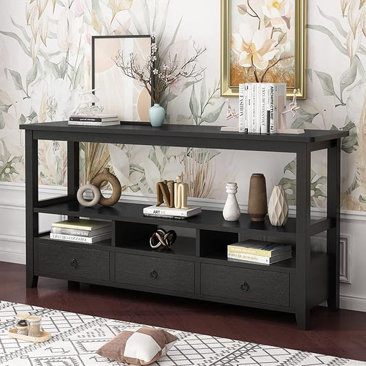 Karl home Console Table with 3 Bottom Drawers, 57.9" W Sofa Side Table Entryway Desk with 3 Storage Cubbies 1 Open Shelf, Vintage TV Stand for Hallway Living Room Office, Black 29.9" H-NeatNest