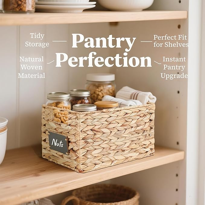 DECOMOMO Wicker Storage Baskets, Handwoven Pantry Baskets, Water Hyacinth Storage Baskets w/Chalkboard and Marker (Natural, Set of 2)-NeatNest