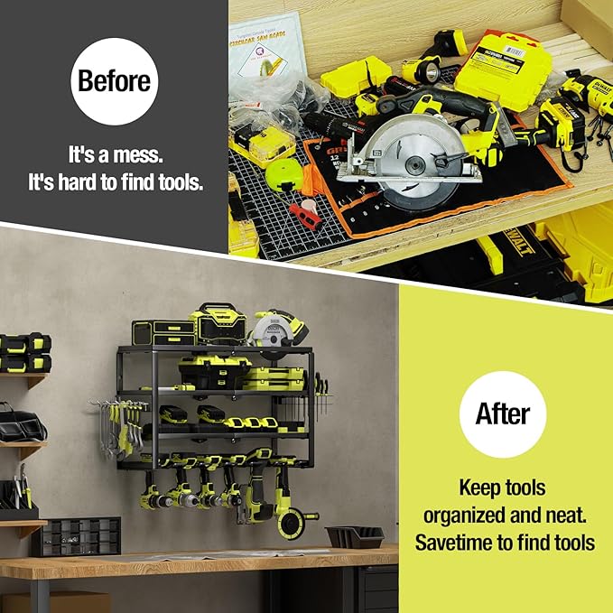 4 Layer Power Tool Organizer Wall Mount, Battery Tools Holder with Charging Station Shelf, Cordless Drill Hanger Storage Rack for Garage Organization, Workshop, Pegboard - 24 Inch 6 Slots