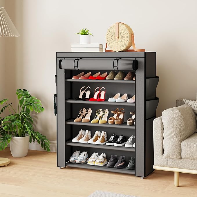 Mavivegue Shoe Rack with Cover, 5 Tier Shoe Organizer for Entryway, Shoe Storage for Front Door Entrance, Closet, Garage, Grey-NeatNest