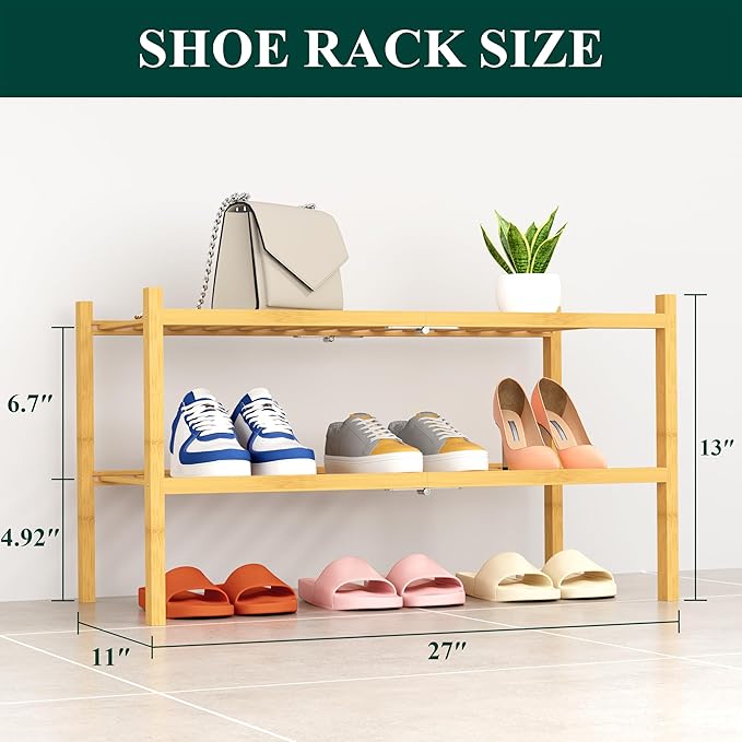 Smiry Shoe Rack, 2 Tier Thick Bamboo Shoe Organizer, Stackable Free Standing Wooden Shoe Storage Shelf for Closet, Entryway, Front Door Entrance, Natural-NeatNest