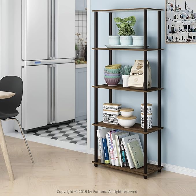 Furinno Turn-N-Tube 5-Tier Multipurpose Shelf / Display Rack / Storage Shelf / Bookshelf, Round Tubes, Walnut/Brown-NeatNest