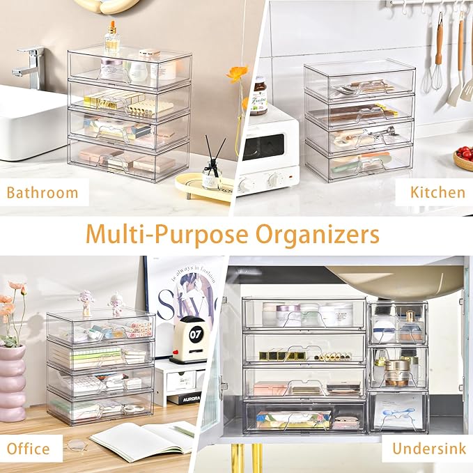 2 Pack Stackable Makeup Organizer, 12.1''L Acrylic Bathroom Organizer and Storage Undersink Drawer, Cosmetics and Beauty Supplies,Clear Plastic Storage Bins for Desk,Cabinet,Kitchen,Vanity,Pantry-NeatNest