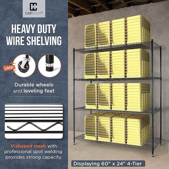 CAPHAUS NSF Commercial Grade Heavy Duty Wire Shelving w/Wheels, Leveling Feet & Liners, Storage Metal Shelf, Garage Shelving Storage, Utility Wire Rack Storage Shelves, 36 x 18 x 76 4-Tier No Liner-NeatNest