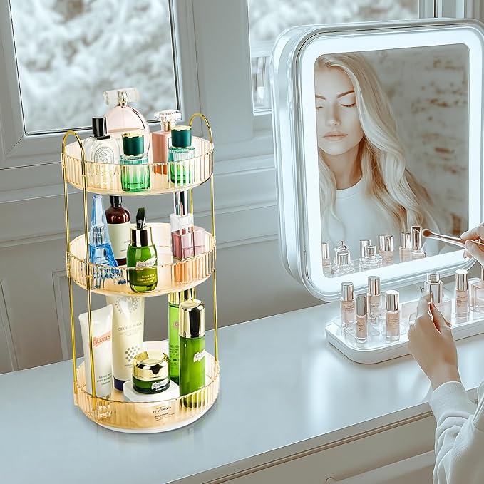 360 Rotating Makeup Organizer - Large Capacity Spinning Perfume & Cosmetic Skincare Holder for Vanity & Countertop (Vibrant Orange, 3 Tier)-NeatNest