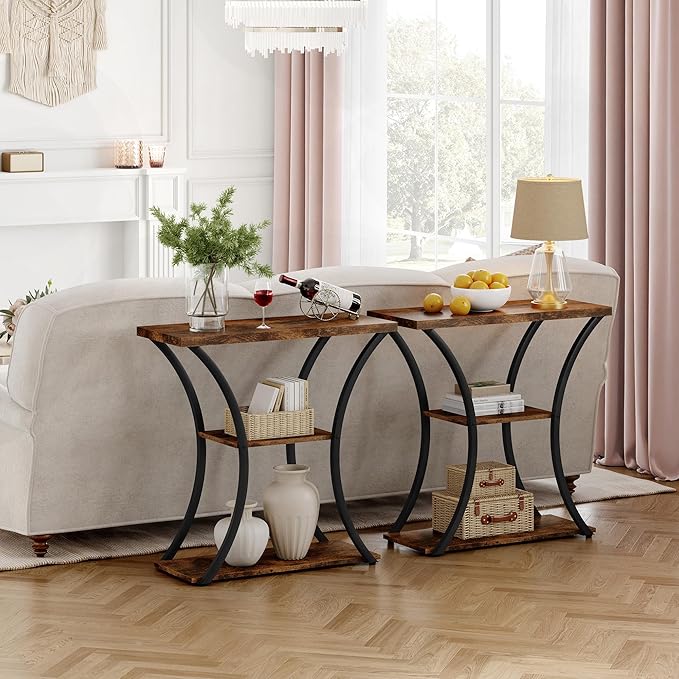 Hoctieon 3 Tier Console Table with Open Wood Shelves, Decorative Entryway Table with Curved Metal Frames, Narrow Sofa Table for Entrance, Living Room, Hallway, Rustic Brown+Black-NeatNest