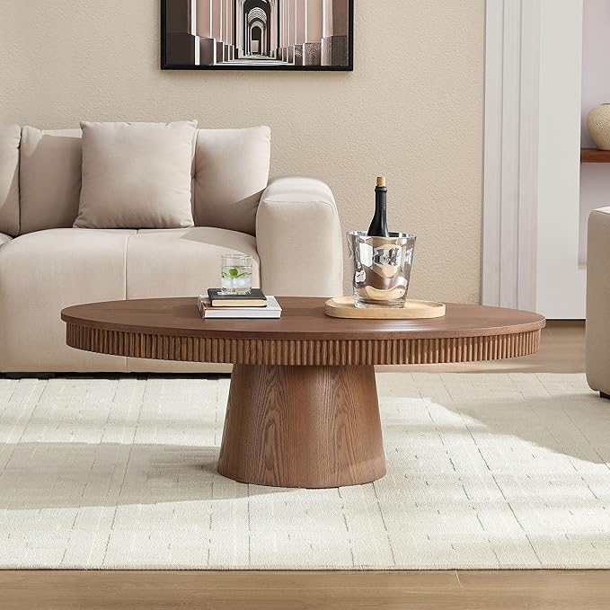 Coffee Table Modern Oval Wood Coffee Tables Mid Century Center Fluted Farmhouse Drum Tea Boho Wooden for Living Room Apartment Home Office Walnut 47.24" W x 26.77" D x 15.86" H-NeatNest