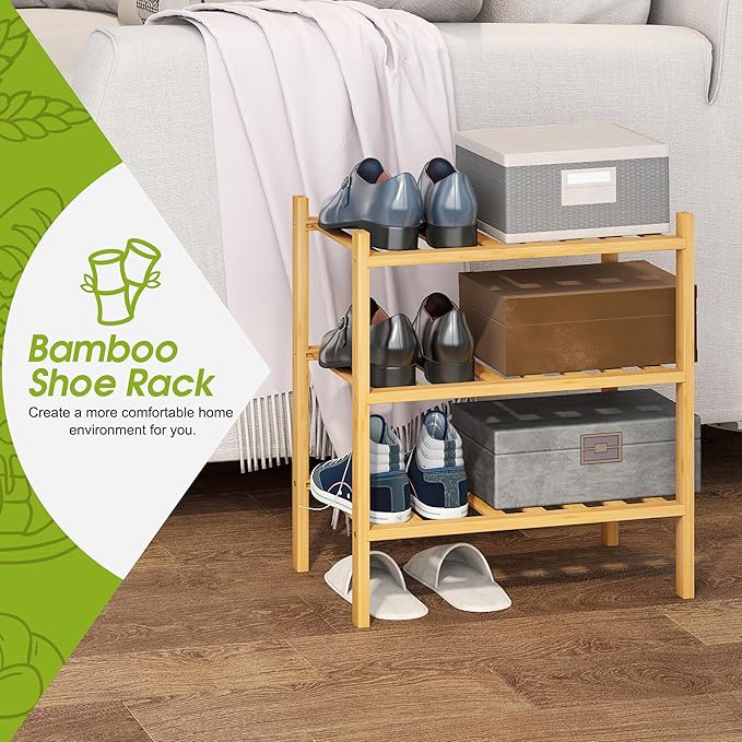 BMOSU 3-Tier Bamboo Small Shoe Rack Premium Stackable Shoe Shelf Storage Organizer for Hallway Closet Living Room Entryway Organizer (Natural Bamboo)-NeatNest
