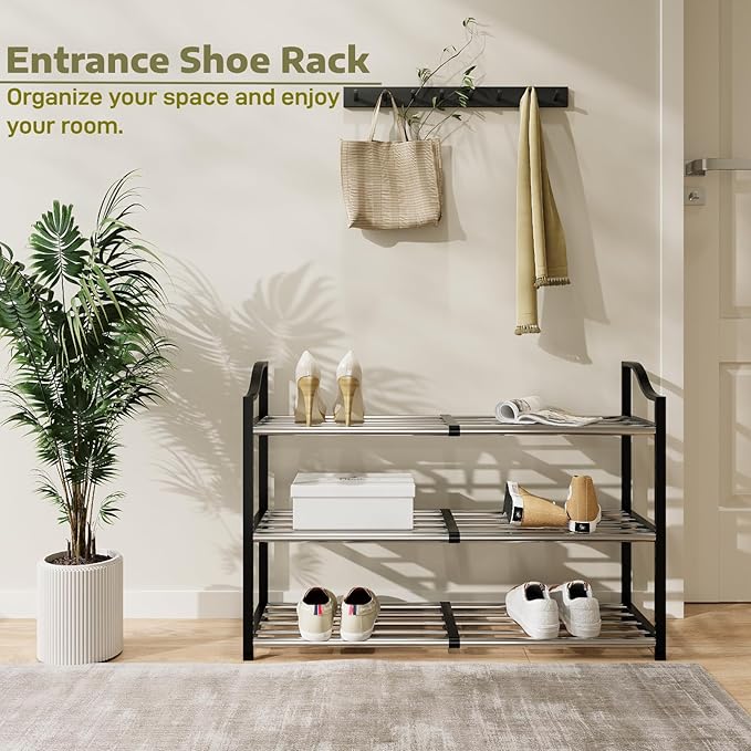 3-Tier Shoe Rack Expandable Shoe Rack for Closet Small Shoe Storage Rack for Entryway Adjustable Shoe Shelf for Small Space, Metal Shoe Organizer for Garage, Front Door Entrance